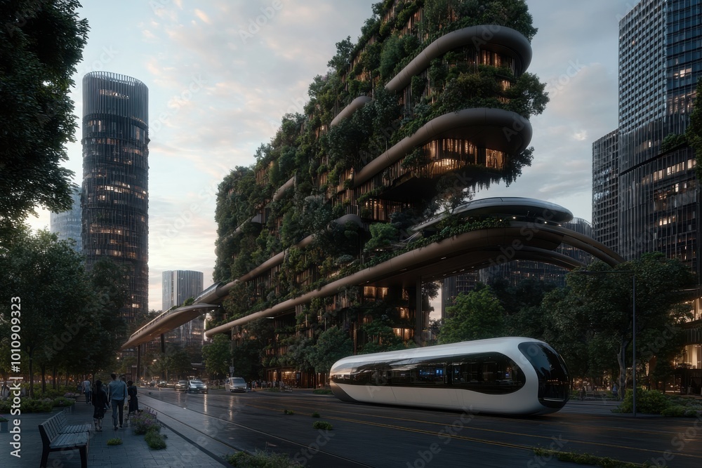 Naklejka premium A modern urban scene blends nature with technology, showcasing a sleek tram system amidst greenery-covered skyscrapers, hinting at sustainable city planning.