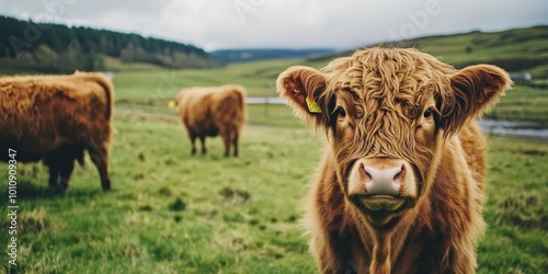 group of highland cattle standing on farm