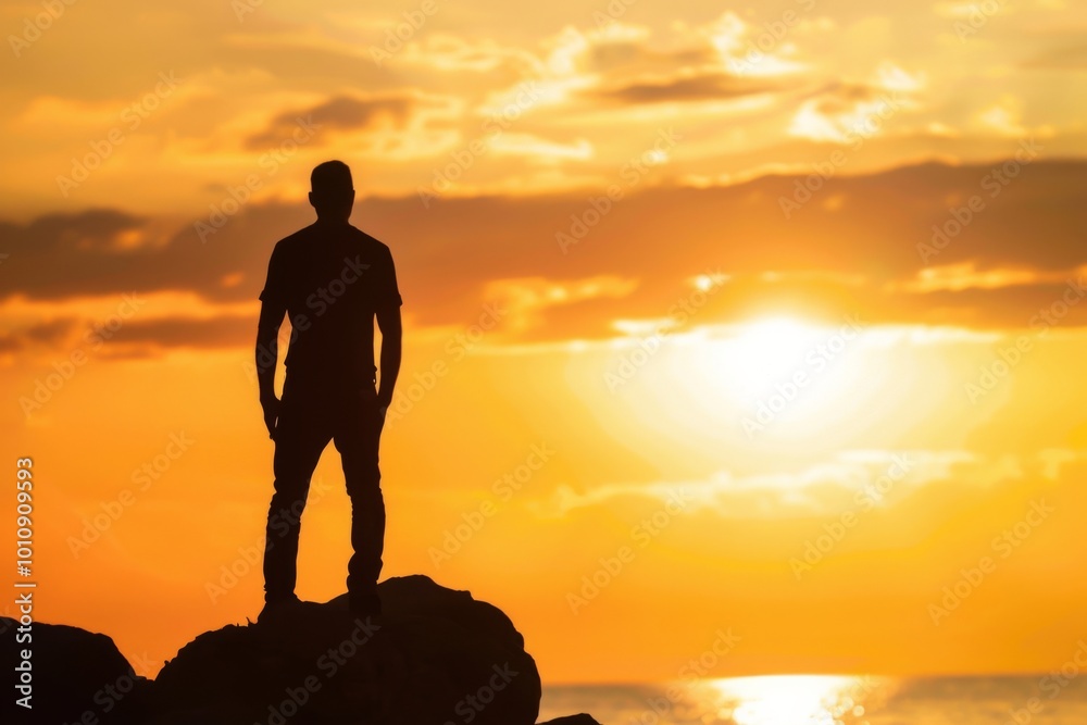 As the sun descends, a solitary figure stands on a rocky outcrop, captivated by the fiery orange hues painting the sky and reflecting on the water's surface. As the sun descends, a solitary figure stands on a rocky outcrop, captivated by the fiery orange hues painting the sky and reflecting on the water's surface.