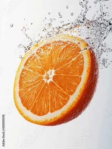 A perfectly sliced orange hovers in mid-air with droplets of water splashing around it. The vibrant orange color contrasts sharply with the white background