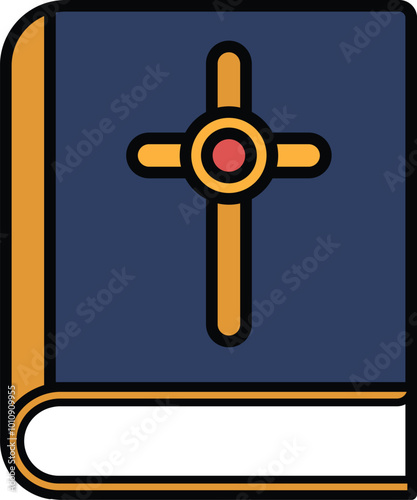 A blue book with a cross on it. The cross is red and yellow. The book is open to the first page