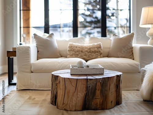 Rustic Living Room Interior with Tree Trunk Coffee Table