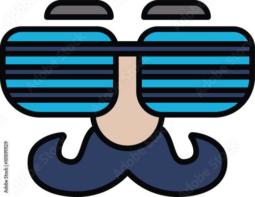 A cartoon man with a blue and white striped pair of sunglasses. The sunglasses are drawn in a way that they are not real, but rather a part of the man's face. The man has a mustache and a beard