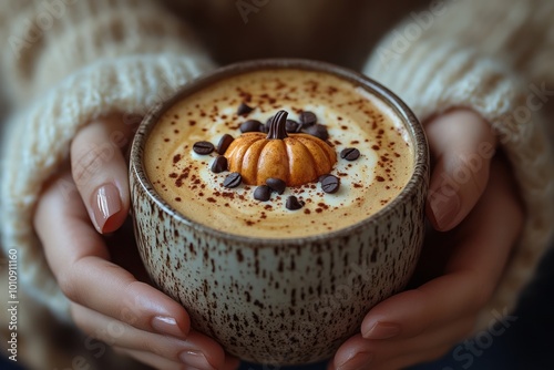 woman hands holding cup of coffee with crema. shape of pumpkin made with chocolate chips, cinnamon photo