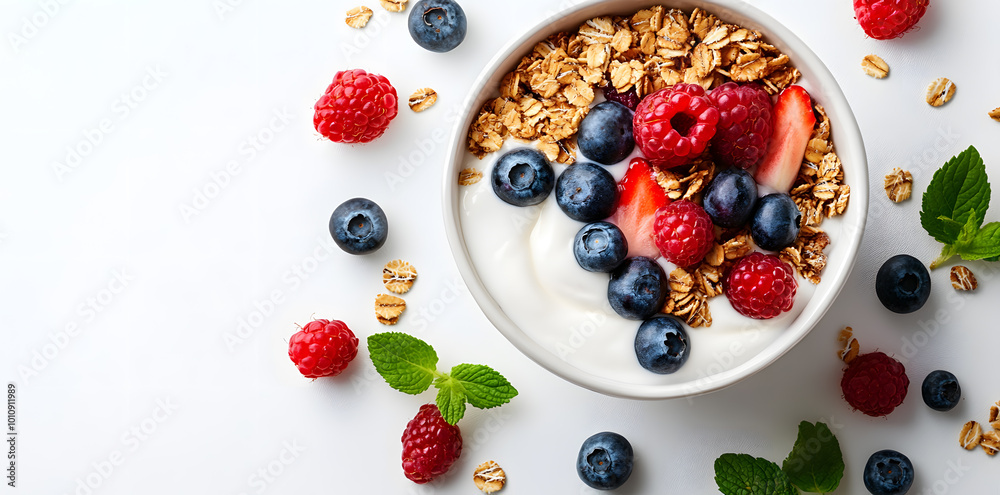 Top view plate of healthy breakfast with granola, greek yogurt, fruits and berry on white background Top view plate of healthy breakfast with granola, greek yogurt, fruits and berry on white background