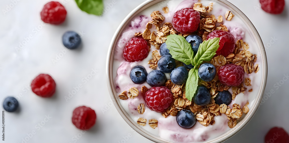 Top view plate of healthy breakfast with granola, greek yogurt, fruits and berry on white background 