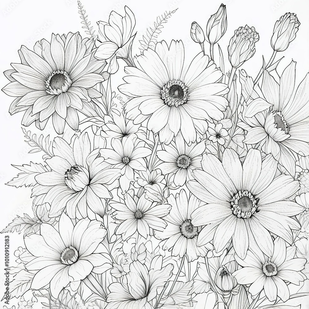 Hand drawn high contrast pencil colouring page, sketch of a plenty of field flowers. Cozy creative space. Hobby relaxation time. Imagination. Pleasure. Coloring book template  for business. 