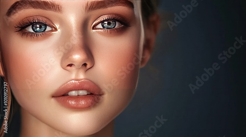 Beautiful young model, idea of skin care and youth. close-up of a stunning European girl against a black background