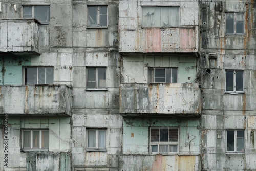 A wall of Soviet panel buildings, with a texture of concrete and a gray color with small windows.