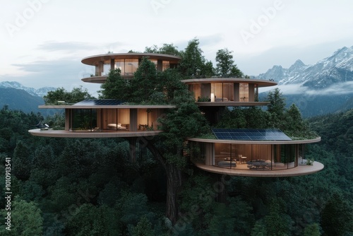 Circular wooden treehouses with large windows and solar panels, offering panoramic views of dense forests and distant mountains in a serene setting.