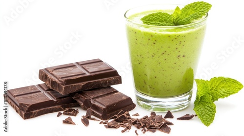 A refreshing mint chocolate chip milkshake, garnished with chocolate shavings, isolated on a white background to focus on its fresh, minty flavor.