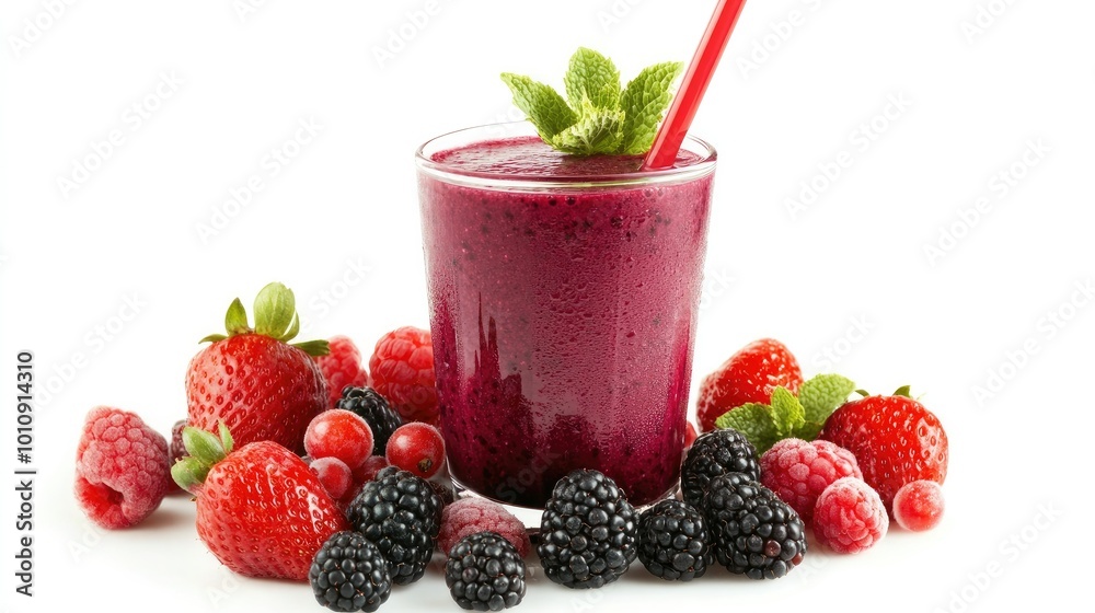 A refreshing smoothie in a clear glass, packed with fresh berries and garnished with a straw, isolated on a white background for a clean, health-conscious look. A refreshing smoothie in a clear glass, packed with fresh berries and garnished with a straw, isolated on a white background for a clean, health-conscious look.
