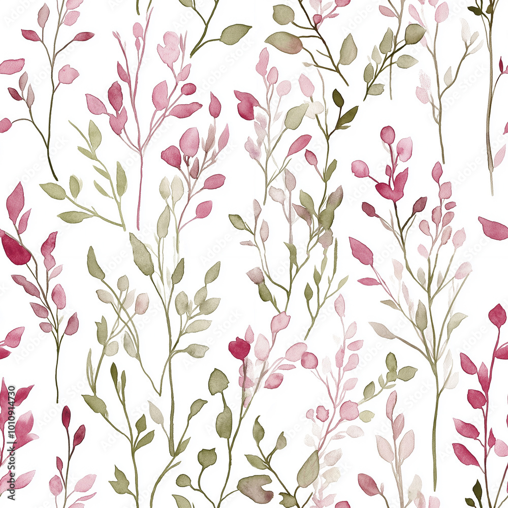 Watercolor seamless pattern with leaves and herbs in beet and green colors Watercolor seamless pattern with leaves and herbs in beet and green colors