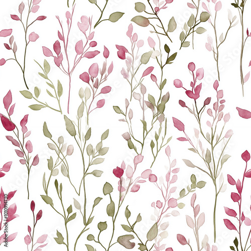 Watercolor seamless pattern with leaves and herbs in beet and green colors