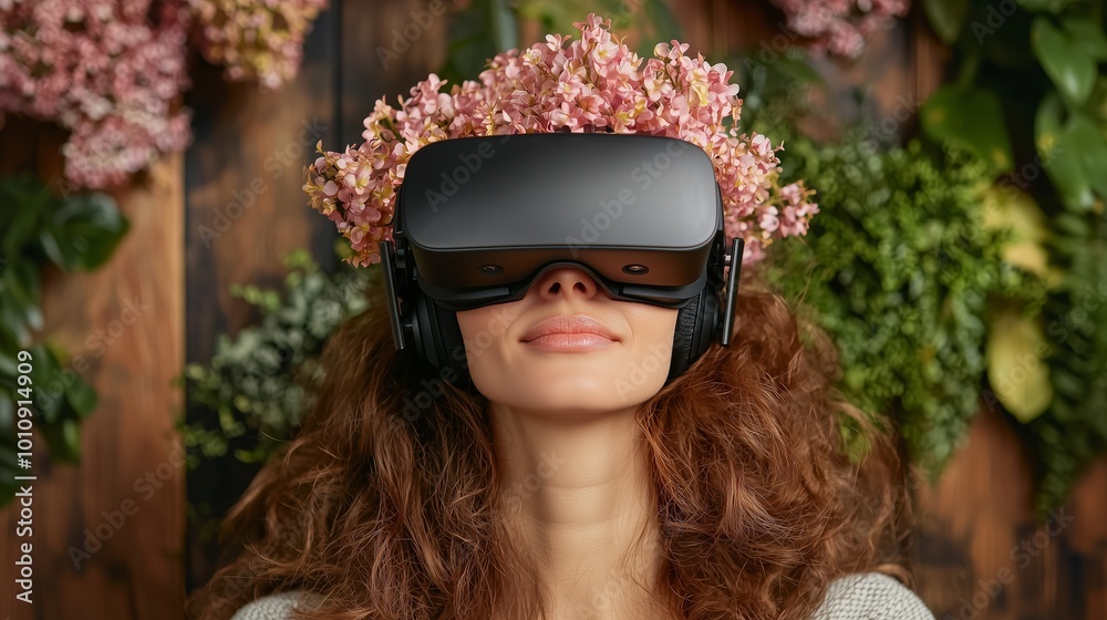 Woman Experiencing Virtual Reality with Floral Headpiece Woman Experiencing Virtual Reality with Floral Headpiece