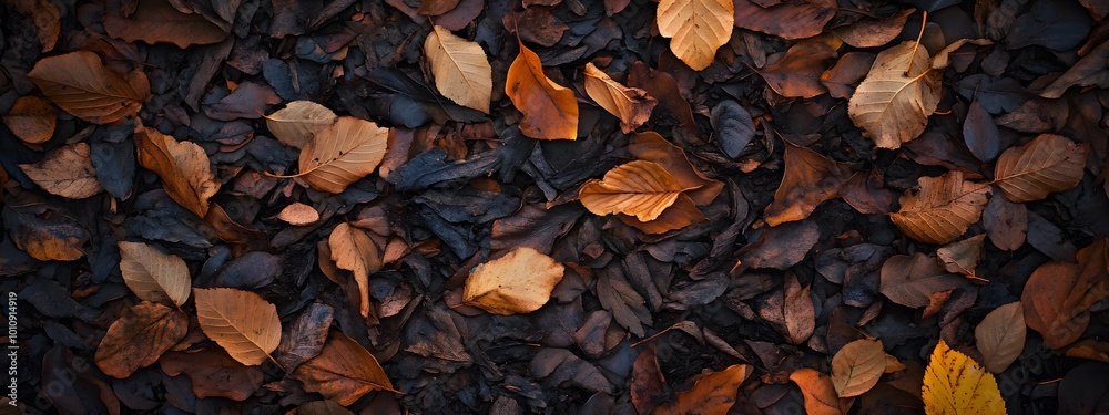 A pile of autumn leaves on the ground, seen from above. The colors range from deep brown to vibrant orange and yellow, creating an intricate pattern that resembles nature's artistry A pile of autumn leaves on the ground, seen from above. The colors range from deep brown to vibrant orange and yellow, creating an intricate pattern that resembles nature's artistry