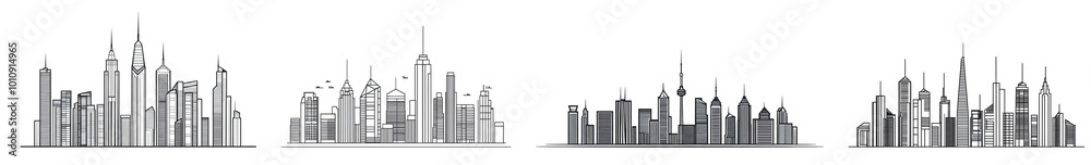Naklejka premium city skyline illustration featuring various iconic buildings and structures transparent background
