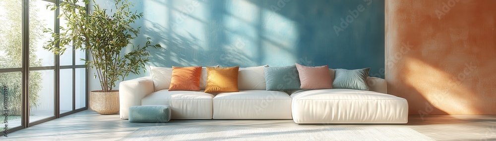 Cozy Modern Living Room with Colorful Cushions and Sunlit Interior Design Featuring Large Windows and Indoor Plant Cozy Modern Living Room with Colorful Cushions and Sunlit Interior Design Featuring Large Windows and Indoor Plant