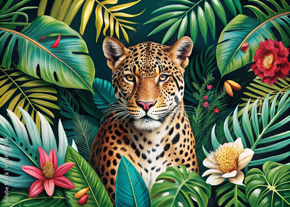Naklejka premium Bright and energetic print featuring a jaguar, lush tropical leaves, and uplifting text, perfect for infusing your