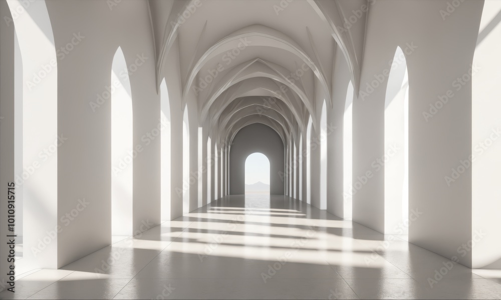 White arched hallway with sunlight streaming through windows White arched hallway with sunlight streaming through windows