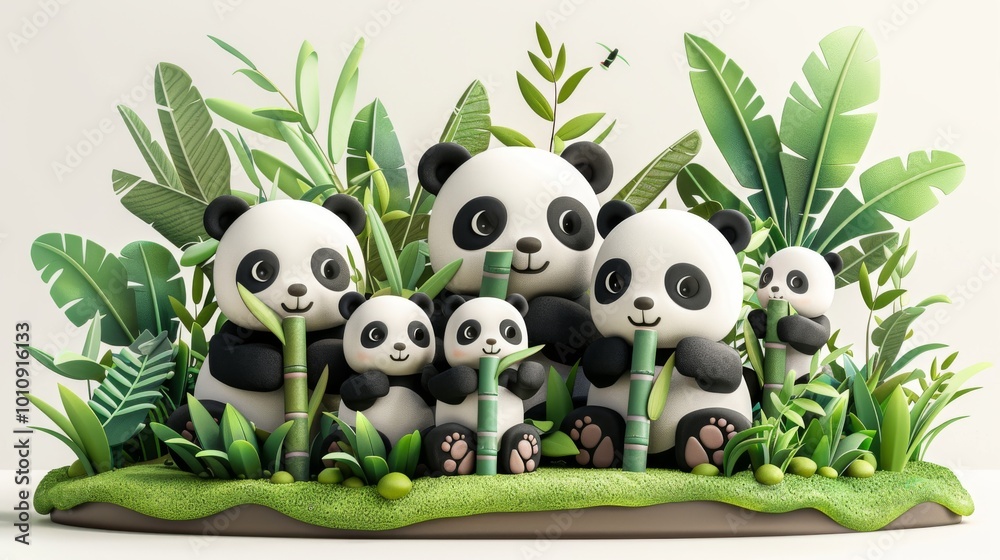 Cartoon 3D A family of pandas eating bamboo in a lush green forest. Isolate A white background surrounds the main subject. Cartoon 3D A family of pandas eating bamboo in a lush green forest. Isolate A white background surrounds the main subject.
