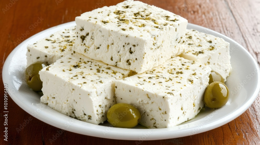 A simple yet elegant presentation of feta cheese on a white plate with olives, creating a fresh and appealing culinary image. A simple yet elegant presentation of feta cheese on a white plate with olives, creating a fresh and appealing culinary image.