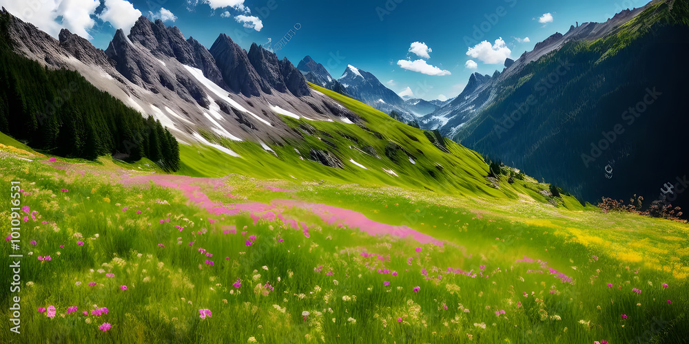Idyllic mountain landscape in the Alps with blooming meadows in springtime