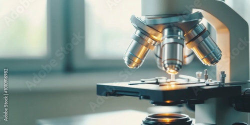 Closeup shot of microscope with metal lens at laboratory.