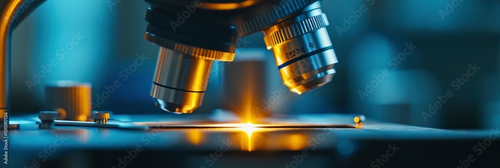 Closeup shot of microscope with metal lens at laboratory. Closeup shot of microscope with metal lens at laboratory.