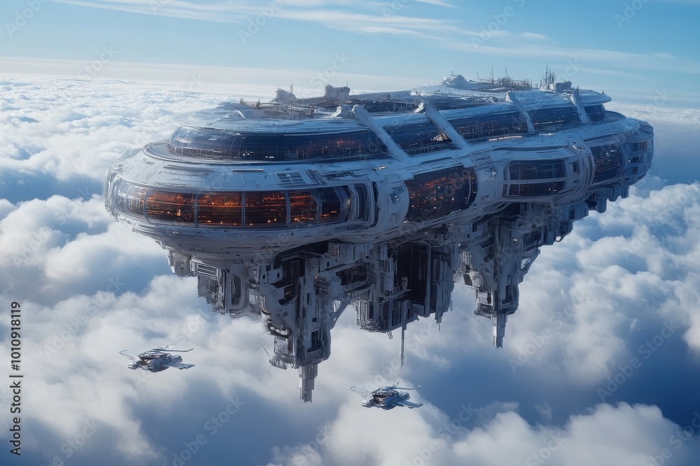 A massive spaceship with intricate design moves through layers of clouds, showcasing human ambition and curiosity to explore unknown horizons and beyond. A massive spaceship with intricate design moves through layers of clouds, showcasing human ambition and curiosity to explore unknown horizons and beyond.
