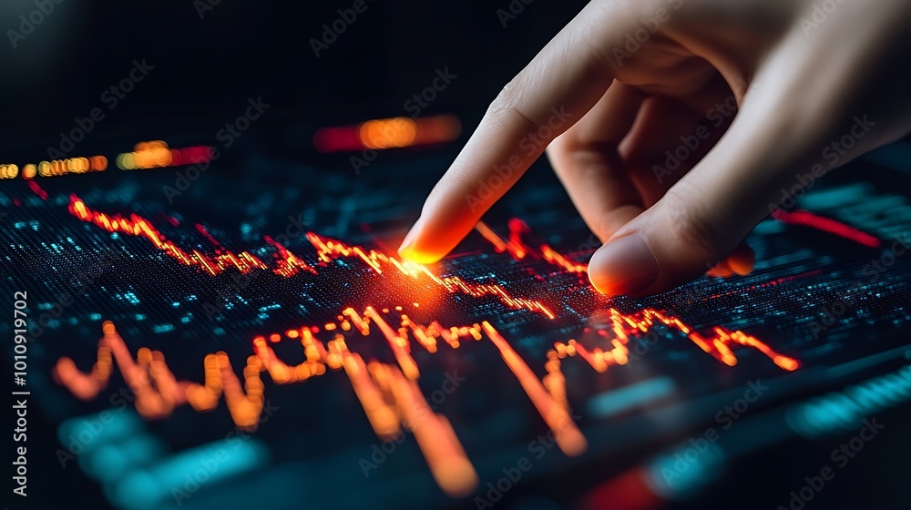 An ultra realistic stock photo featuring a hand pointing at a graph that glows with vibrant colors, symbolizing business success