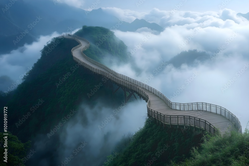 Fototapeta premium A Bridge Made of Swirling Mist That Connects Two Mountain Peaks High Above the Clouds