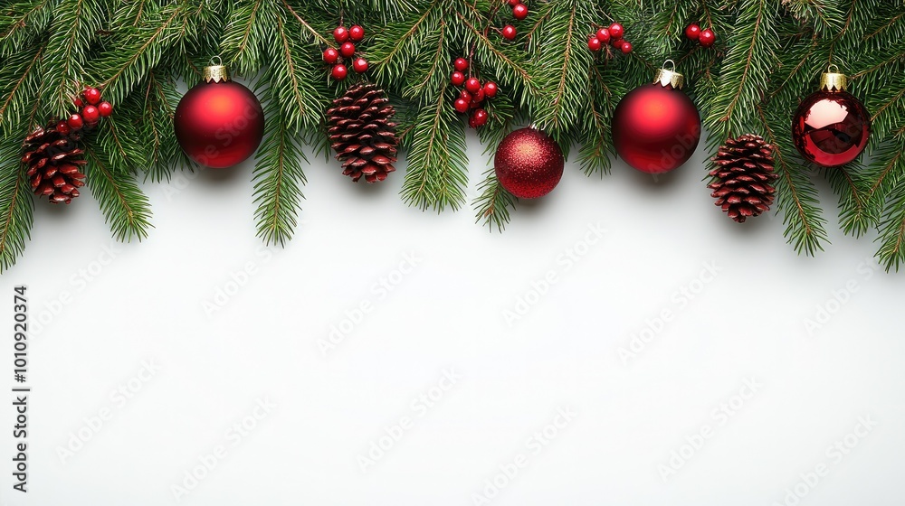 A top view of a beautifully arranged Christmas frame of fir branches and colorful ornaments on a pastel gray background, capturing the holiday spirit. A top view of a beautifully arranged Christmas frame of fir branches and colorful ornaments on a pastel gray background, capturing the holiday spirit.
