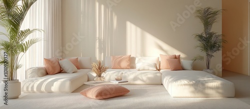 Modern Minimalist Living Room with Soft Neutral Tones and Natural Light Featuring Cozy Seating and Indoor Plants
