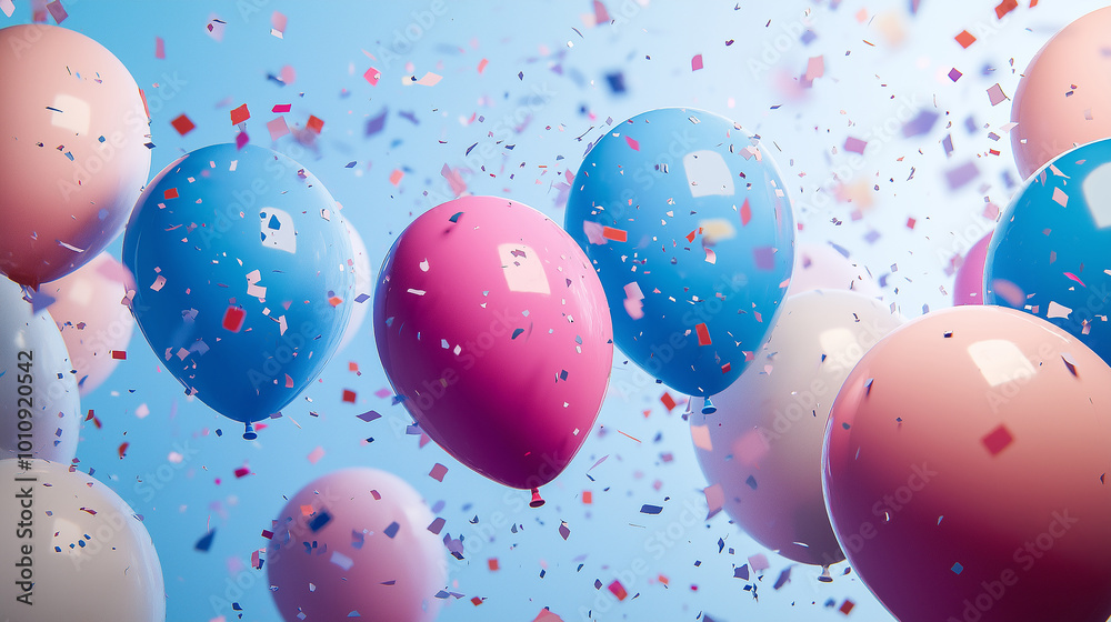 A bunch of colorful balloons with confetti falling around them A bunch of colorful balloons with confetti falling around them