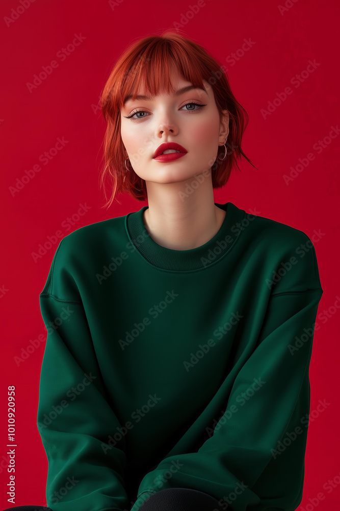 mockup green sweatshirt on a female model with short red hair sitting in front of a red solid background, minimalistic Christmas art style, a trendy aesthetic mockup green sweatshirt on a female model with short red hair sitting in front of a red solid background, minimalistic Christmas art style, a trendy aesthetic