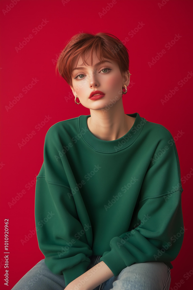 mockup green sweatshirt on a female model with short red hair sitting in front of a red solid background, minimalistic Christmas art style, a trendy aesthetic mockup green sweatshirt on a female model with short red hair sitting in front of a red solid background, minimalistic Christmas art style, a trendy aesthetic