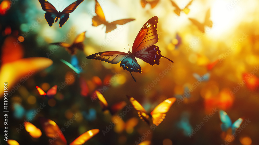 Φωτογραφία A group of butterflies flying in the air, with some of them being blue