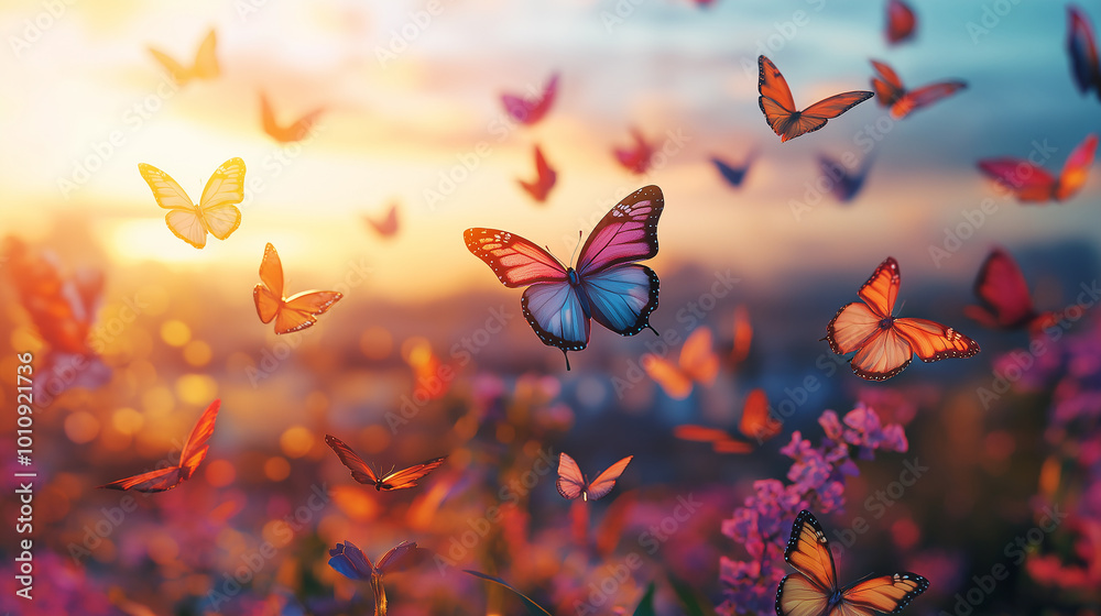 A group of butterflies flying in the air, with some of them being blue