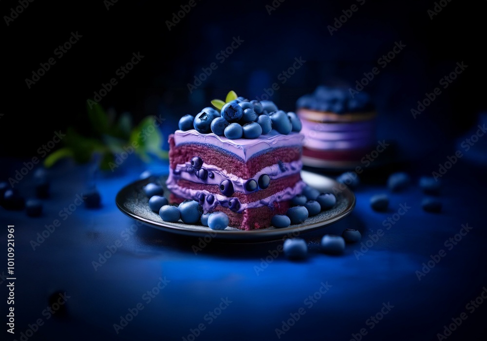 A slice of purple cake with blueberries on top, sits on a black plate against a blue background. A slice of purple cake with blueberries on top, sits on a black plate against a blue background.