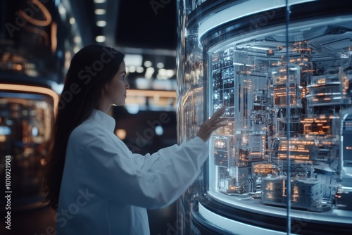 A scientist in a white lab coat interacts with a futuristic holographic data display, symbolizing the synergy of innovation, science, and technology in a sophisticated setting.