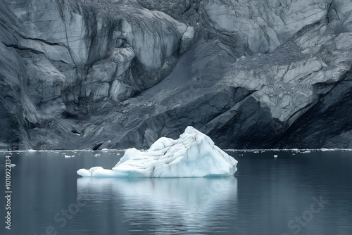 A Glacier Retreating With Exposed Black Rocks and a Small Isolated Iceberg Floating in the Foreground, Global Warming, Climate Change, Landscape Photography photo