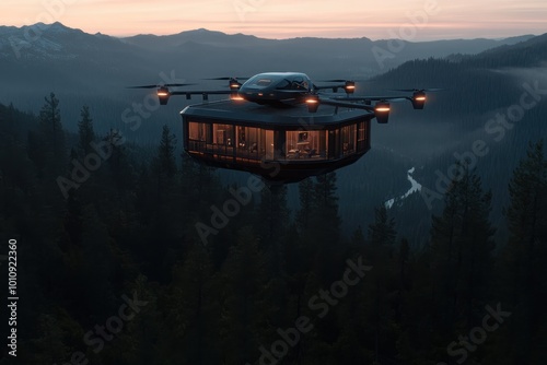 A unique flying glass cabin powered by drone technology, hovering above a dense forest valley at sunset, exemplifying a blend of technology with nature. photo
