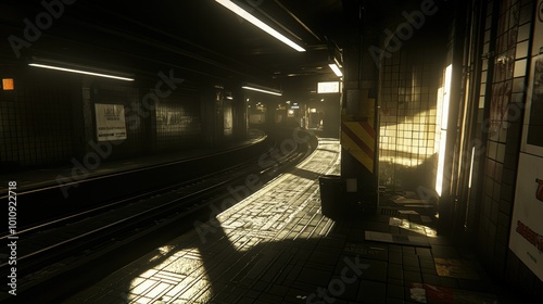 A wide black billboard mockup on a dark tiled wall  illuminated by streaks of sunlight  providing a modern and moody atmosphere.