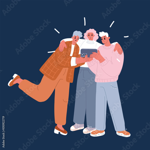 Cartoon vector illustration of three friends, both men and women, either taking a selfie or chatting on a smartphone, representing social interaction and connection over dark background