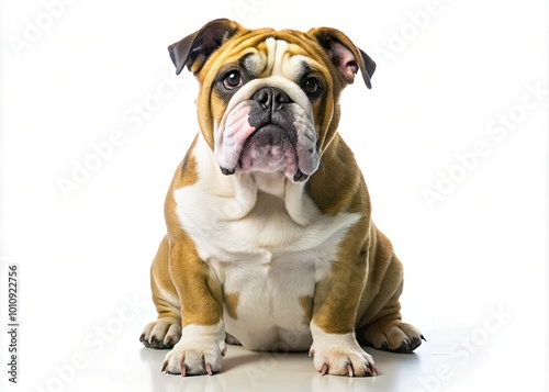 Playful bulldog rests adorably against a white backdrop, perfect for dog lovers and pet enthusiasts searching for heartwarming images to uplift their living environment. photo