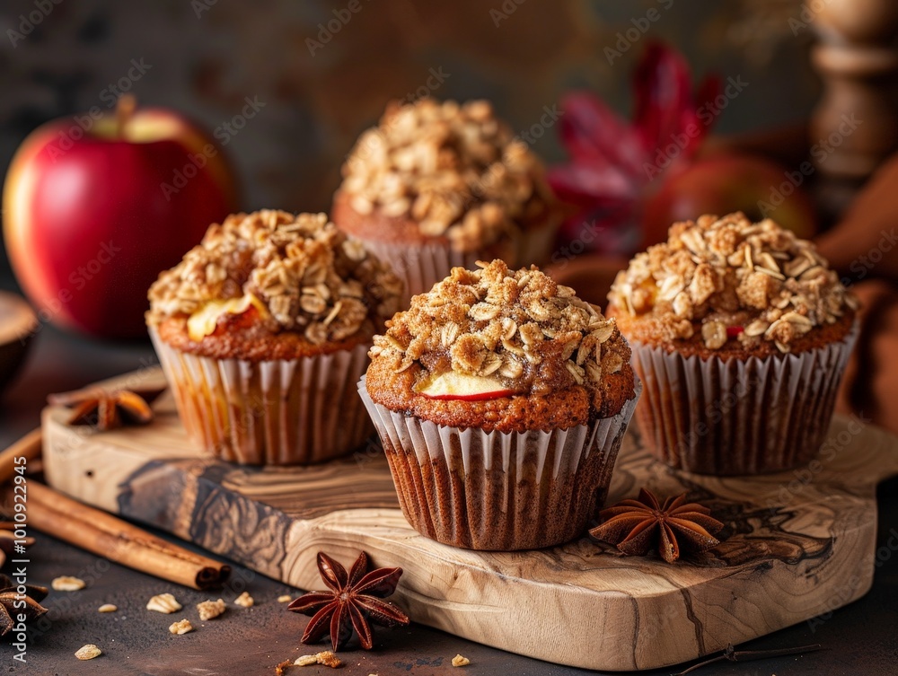 Delicious Apple Crumble Muffins on a Wooden Board