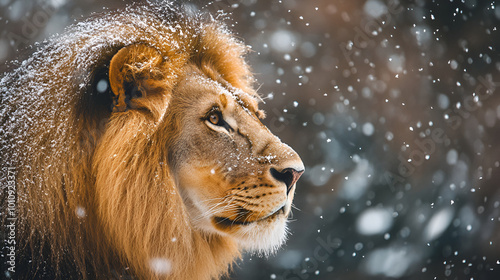 a lion, captured in a snowy landscape, exudes a regal aura as it rests amidst the snow, this photograph, reminiscent of celebrity portraits, showcases the lion's majestic personality