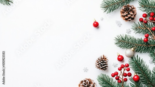 An elegant Christmas frame made of pine branches, vibrant red berries, and textured pine cones, isolated on a white background for a holiday feel.