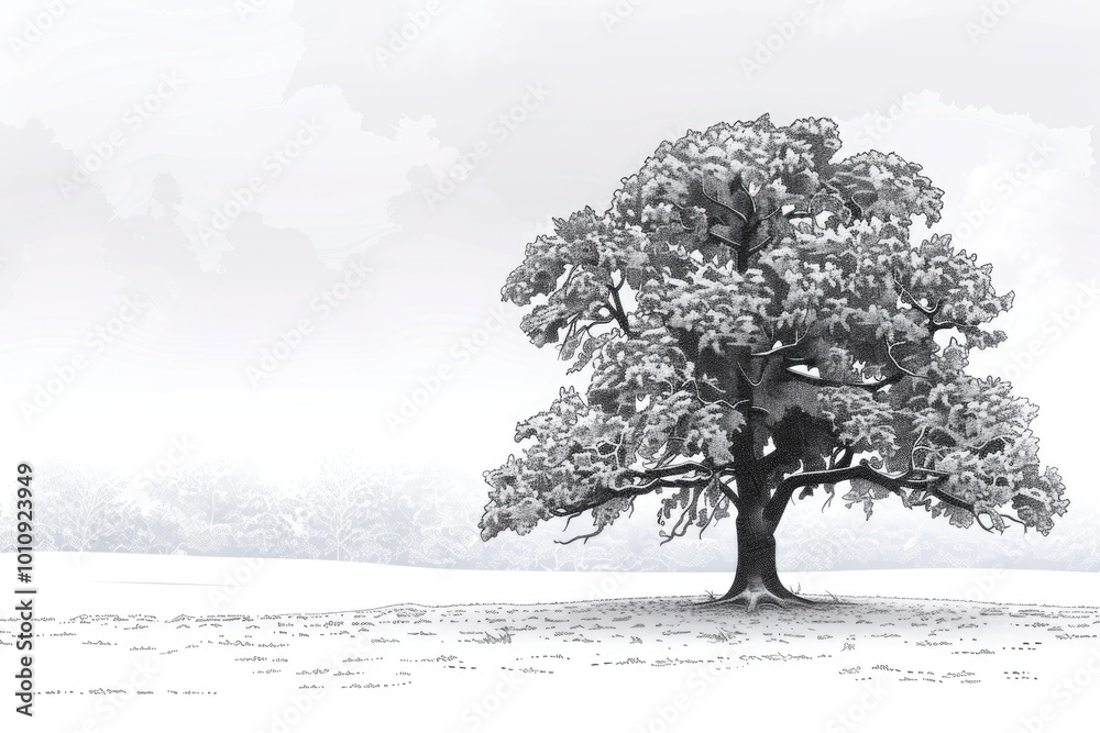Coloring book illustration of a lone oak tree in a snowy landscape surrounded by a misty winter background Coloring book illustration of a lone oak tree in a snowy landscape surrounded by a misty winter background